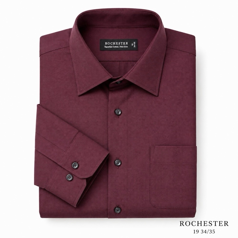 Rochester Men's Dress Shirt Size 19 34/35 Burgundy Egyptian Cotton Non Iron